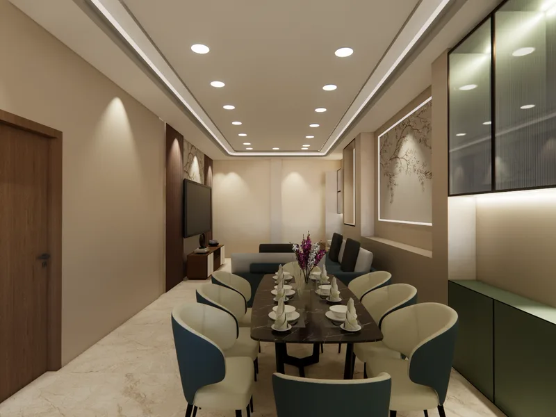 Elegant dining room interior with designer chairs and ambient lighting by ICreations Interior in Park Street, Kolkata