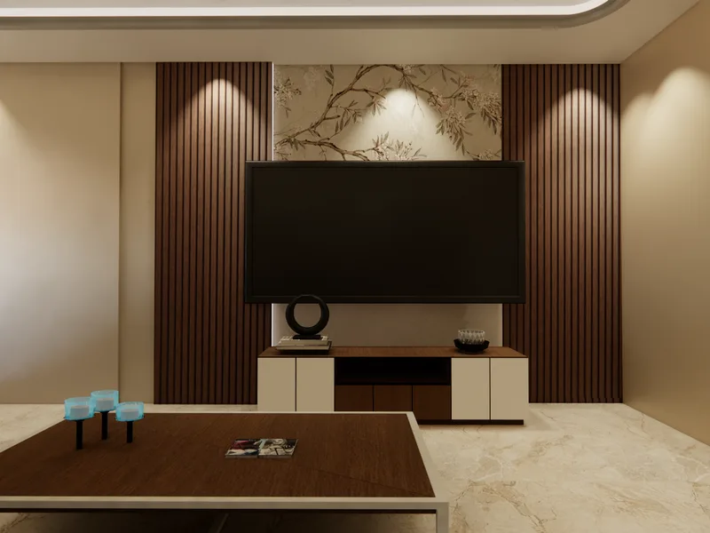 Custom entertainment unit with wooden paneling and TV wall design by ICreations Interior in Ballygunge, Kolkata